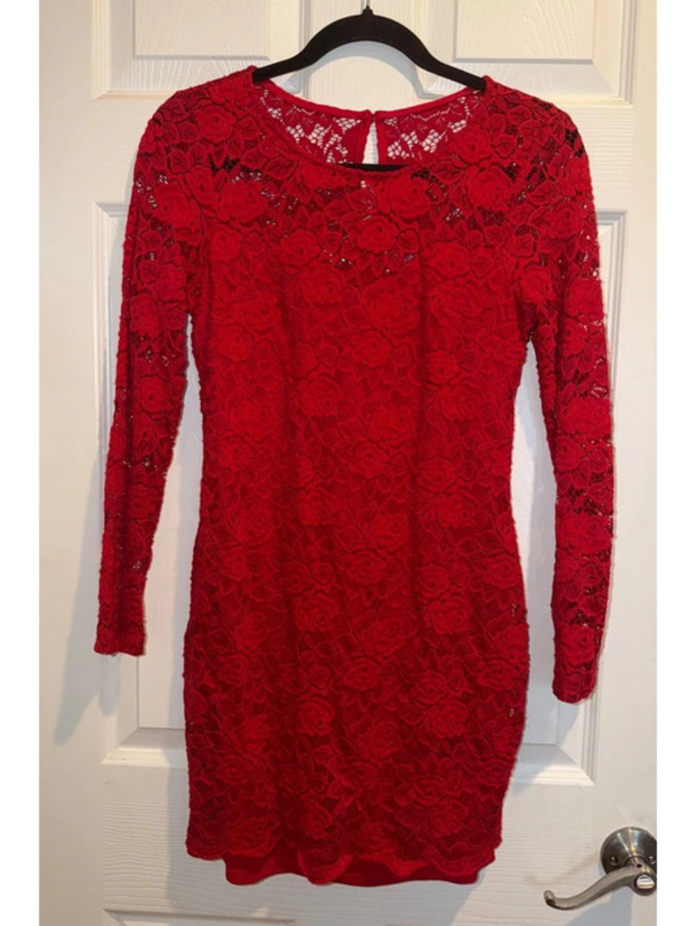 IZ Byer Red Floral Lace Long Sleeve Mini Dress – Size Medium